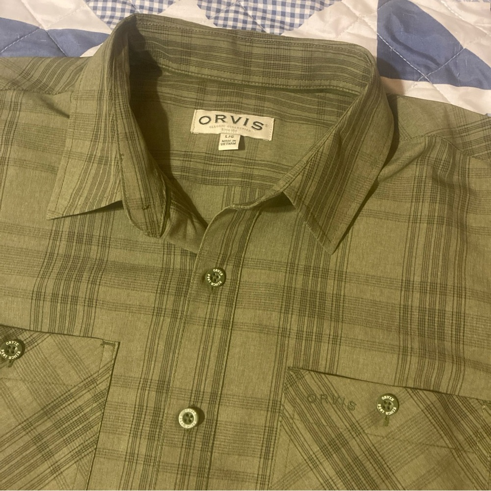 Orvis Button Up Shirt Mens L Green Plaid Lightweight Outdoor Fishing Hiking